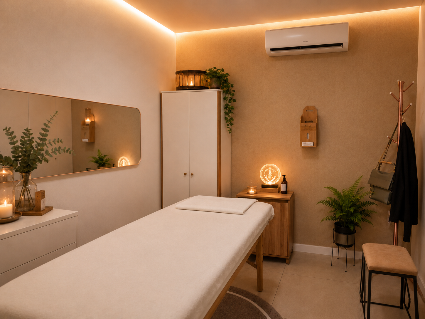 Sala de atendimento confortável e serena para massoterapia e estética